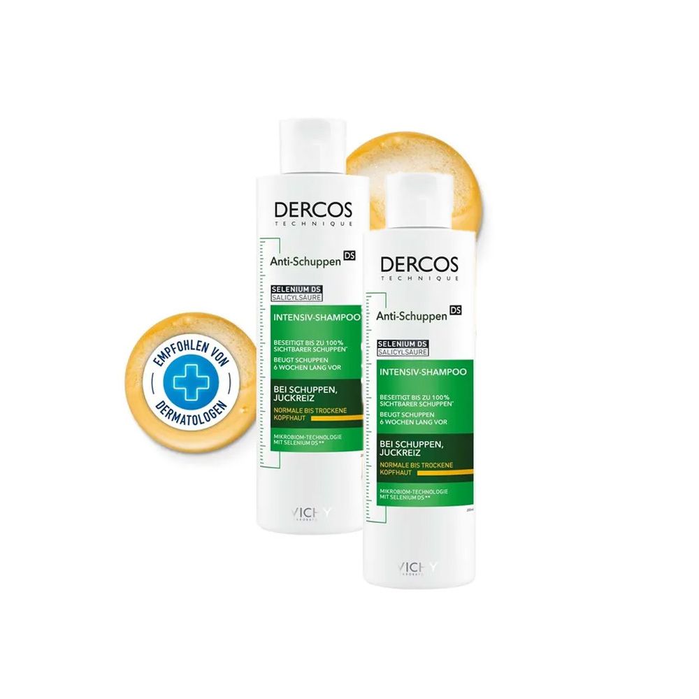 Zwei Flaschen Anti-Schuppen Shampoo. Aufschrift: Dercos, Anti-Schuppen, Intensiv Shampoo. Empfohlen von Dermatologen.
