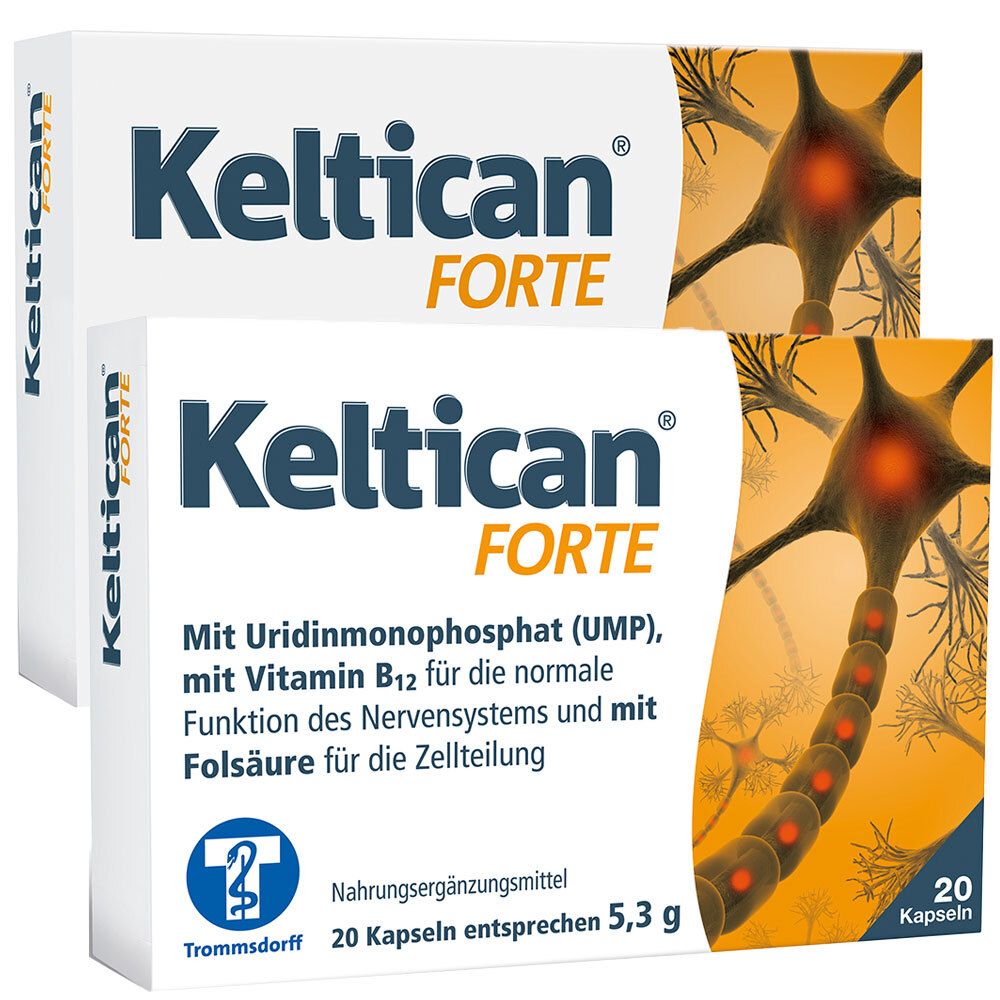 Zwei weiße Schachteln mit der Aufschrift Keltican Forte. Auf einer Abbildung ein Nervenzell-Modell. Aufschrift: Nahrungsergänzungsmittel.
