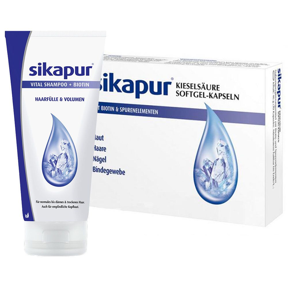 Produktabbildung von SKIAPUR Kieselsäure-Softgel-Kapseln und Shampoo. Beide Produkte sind in weiß-blauer Verpackung mit Produktnamen und Inhaltsstoffen.