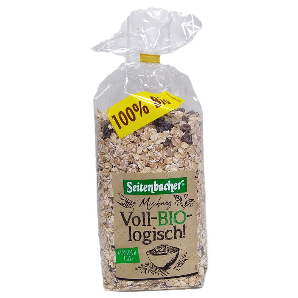 Sachet transparent de muesli. Étiquette jaune "100% Bio". Inscription "Seitenbacher" et "Voll-BIO-logisch!".