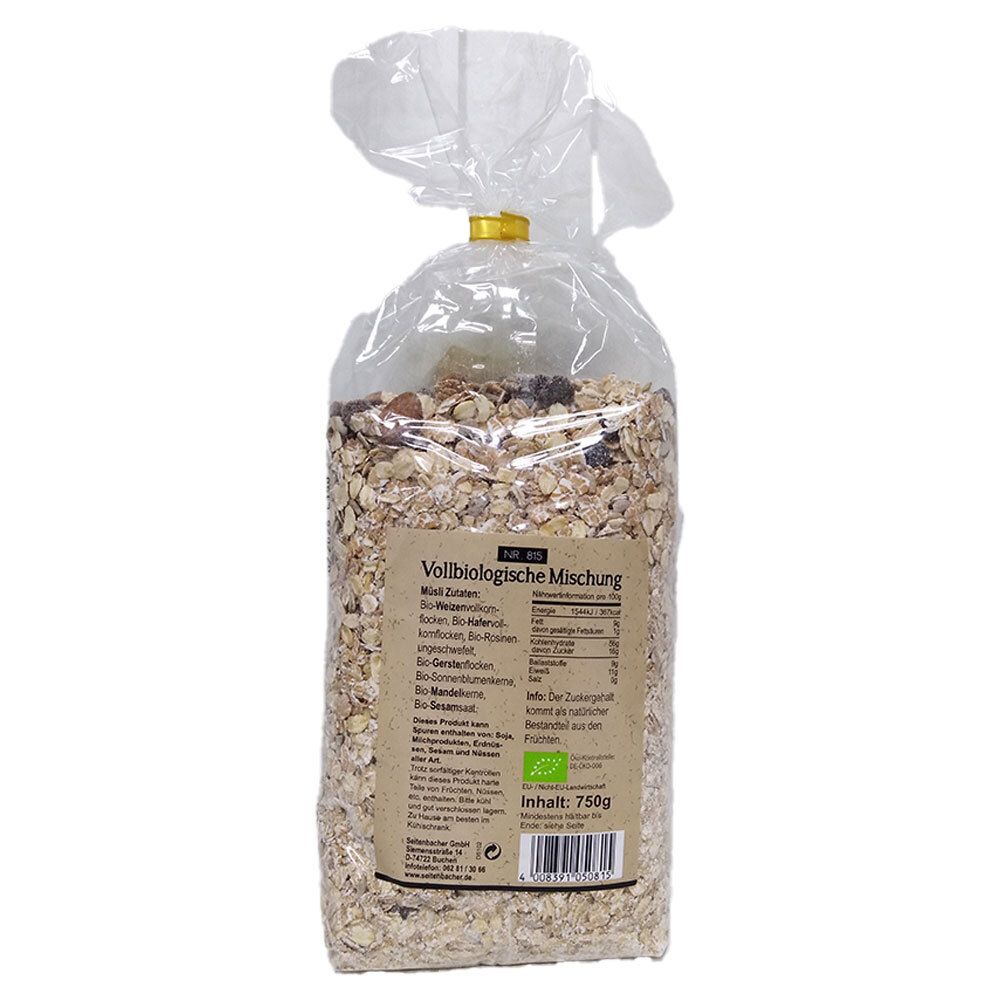 Sachet transparent de muesli. Inscription "Vollbiologische Mischung". Texte et informations nutritionnelles. Contenu: 750g. Label bio.