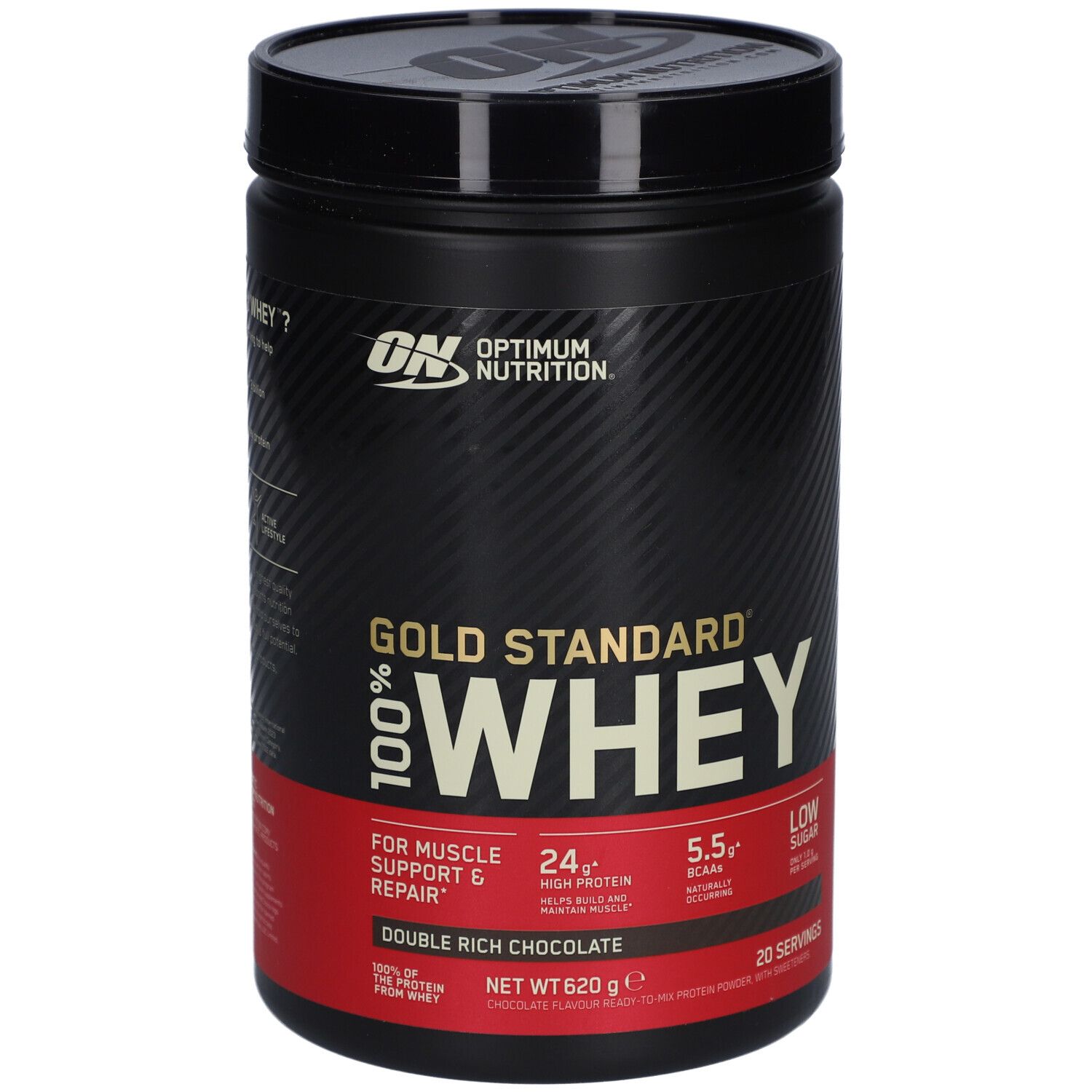 Pot noir Gold Standard 100% Whey. Inscription: Double Rich Chocolate. Contenu 620g. Marque: Optimum Nutrition.