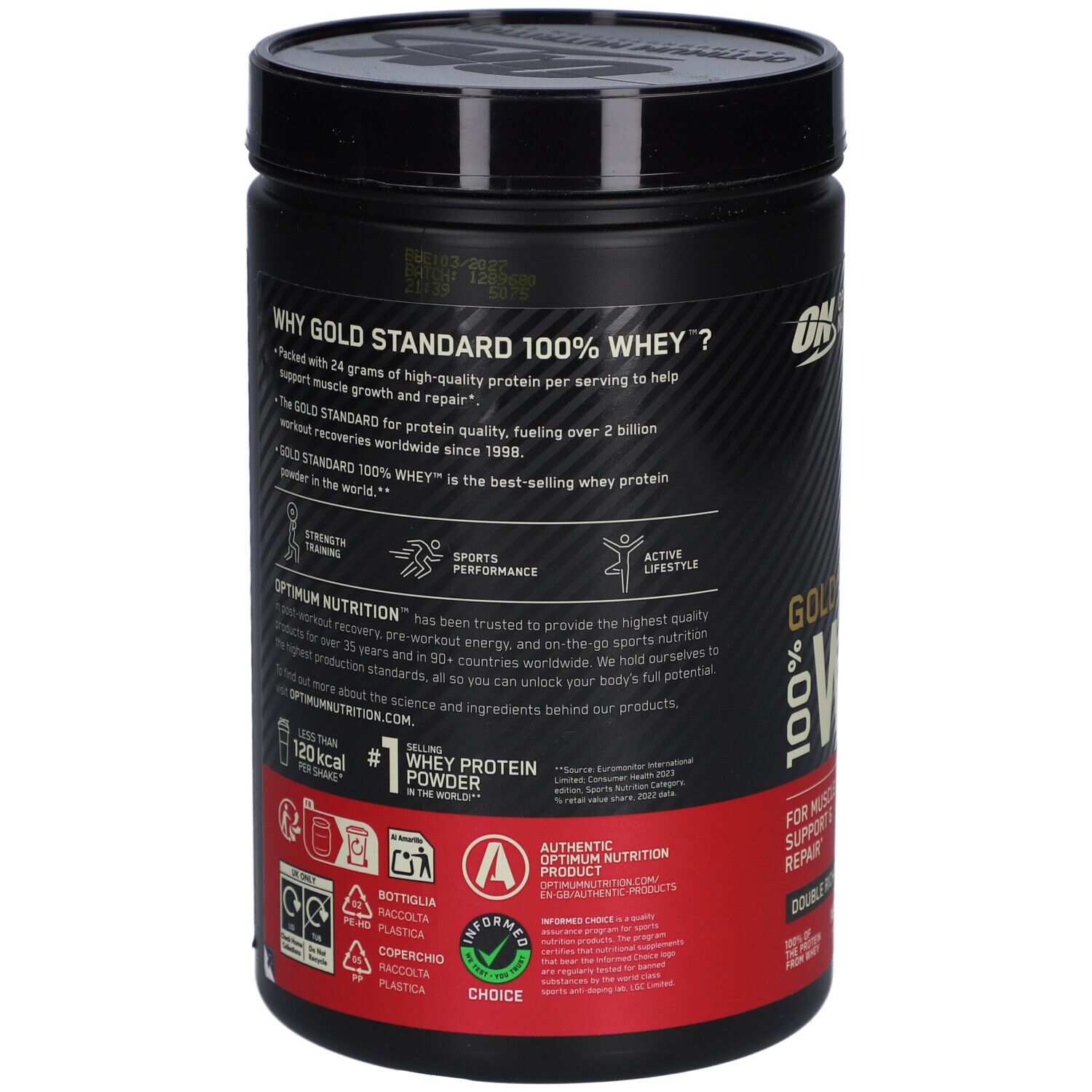 Dos du pot noir. Texte: Pourquoi Gold Standard 100% Whey ? Informations sur les ingrédients et la valeur nutritionnelle. Marque: Optimum Nutrition.