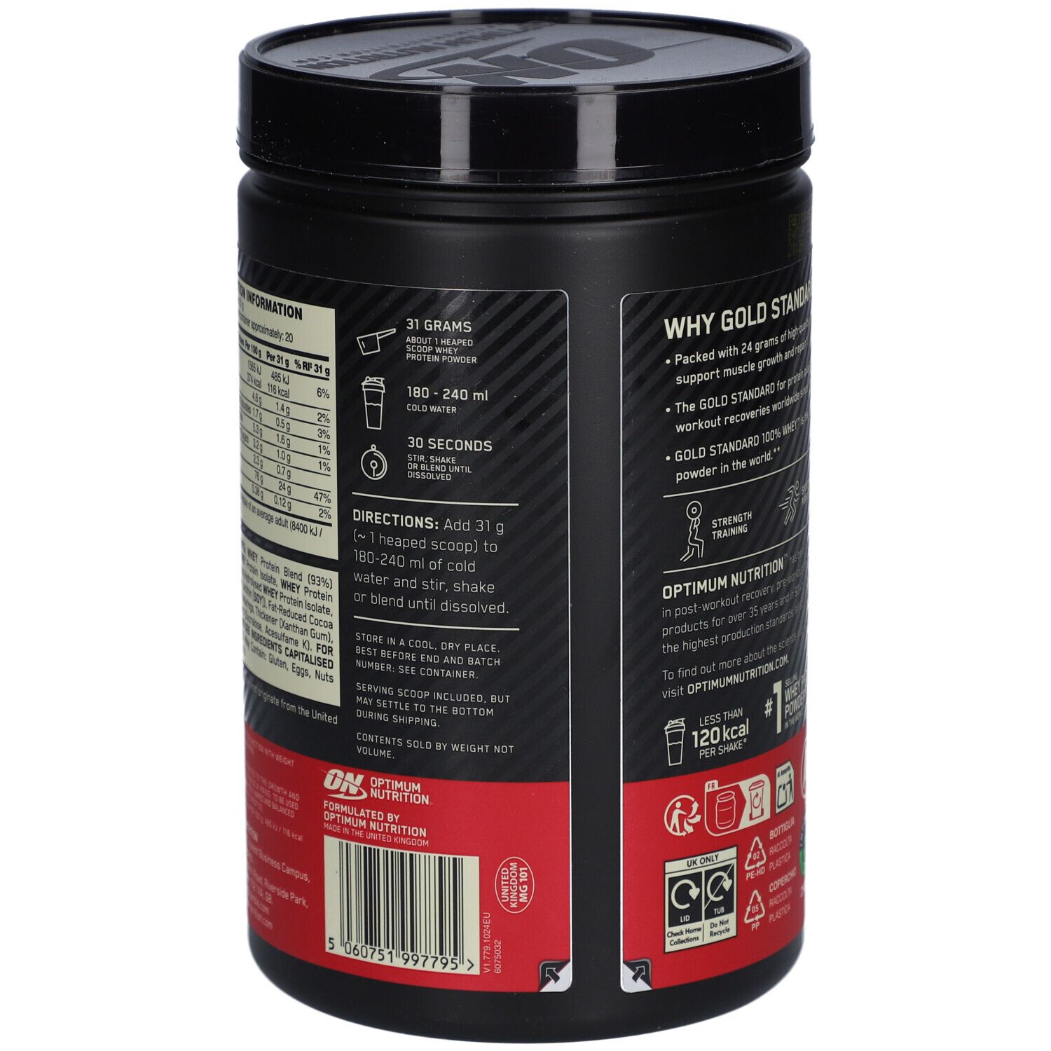 Dos du pot noir. Instructions de préparation. Informations nutritionnelles. Marque: Optimum Nutrition. Code-barres.