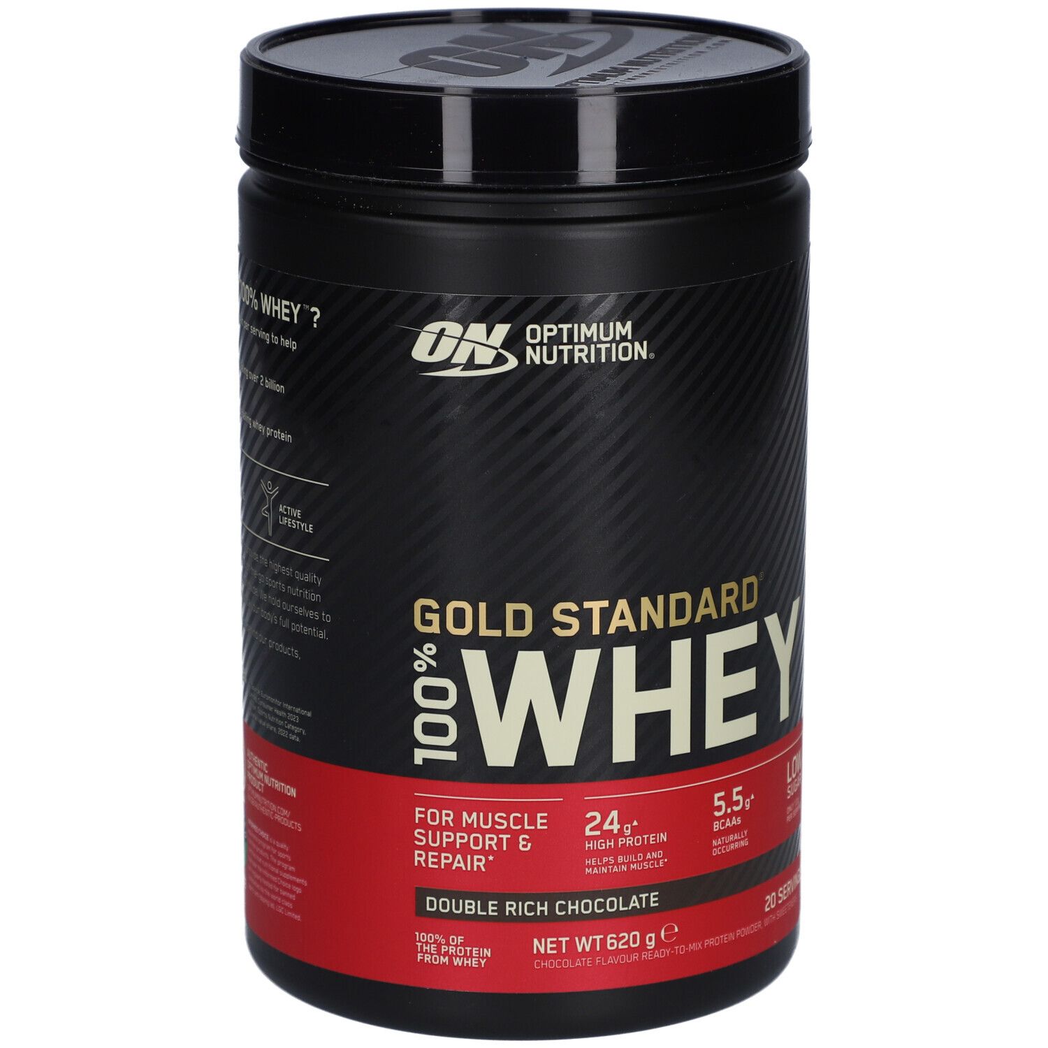 Pot noir Gold Standard 100% Whey. Inscription: Double Rich Chocolate. Contenu 620g. Marque: Optimum Nutrition.