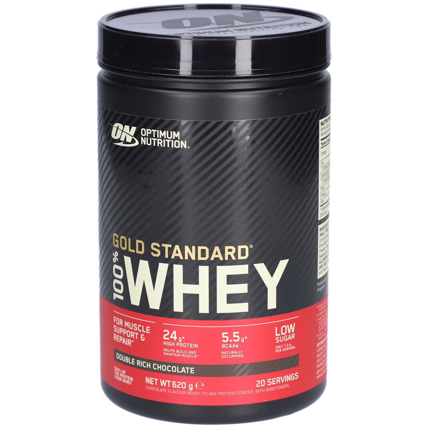 Pot noir Gold Standard 100% Whey. Inscription: Double Rich Chocolate. Contenu 620g. Marque: Optimum Nutrition.