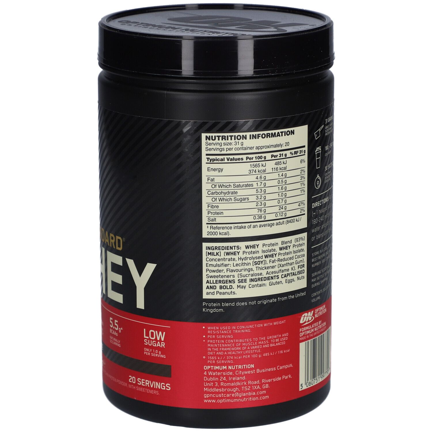 Dos du pot noir. Informations nutritionnelles. Liste des ingrédients. Marque: Optimum Nutrition. 20 portions.