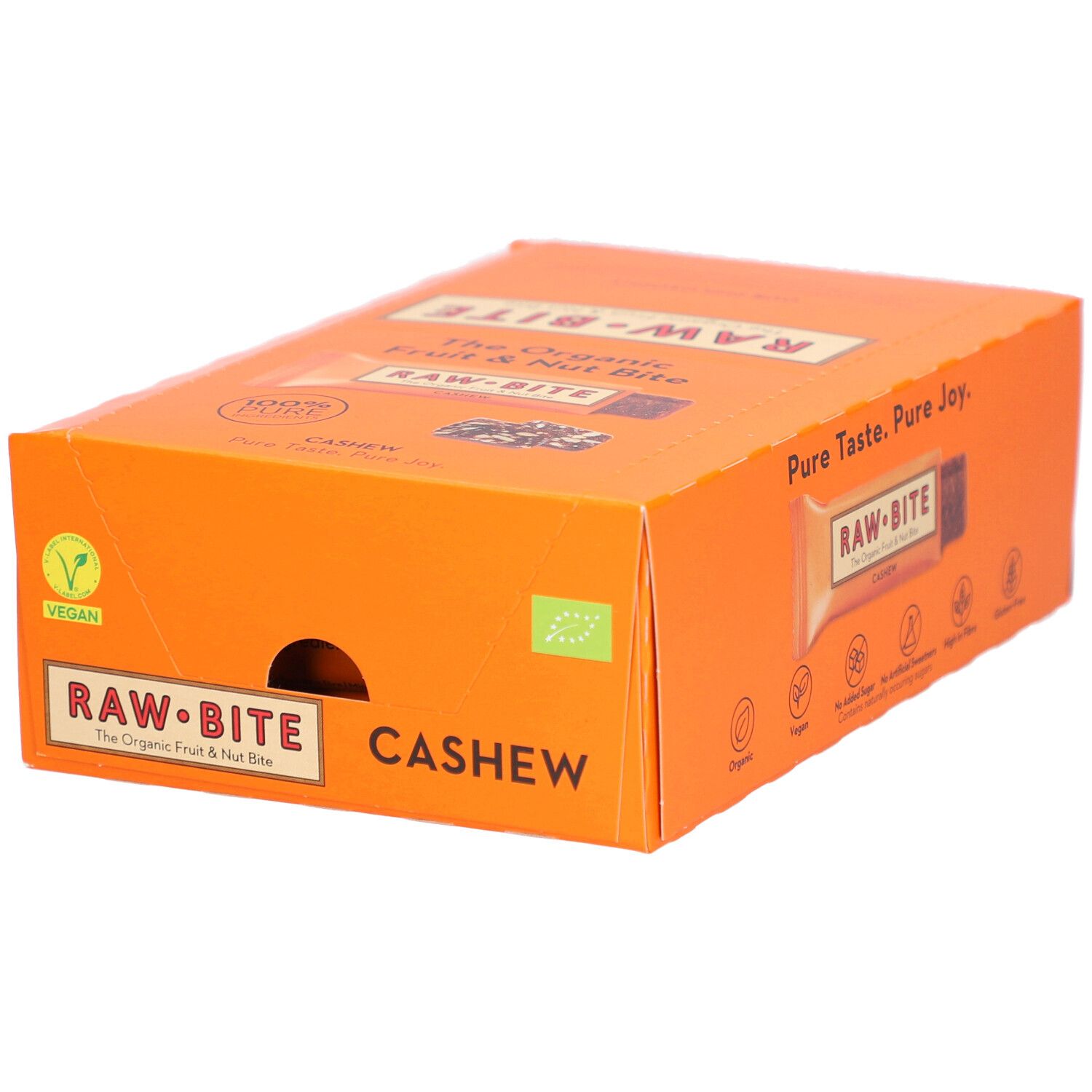Orangefarbene Kartonverpackung mit RAWBITE-Logo und Cashew-Schriftzug. Vegan- und Bio-Siegel.