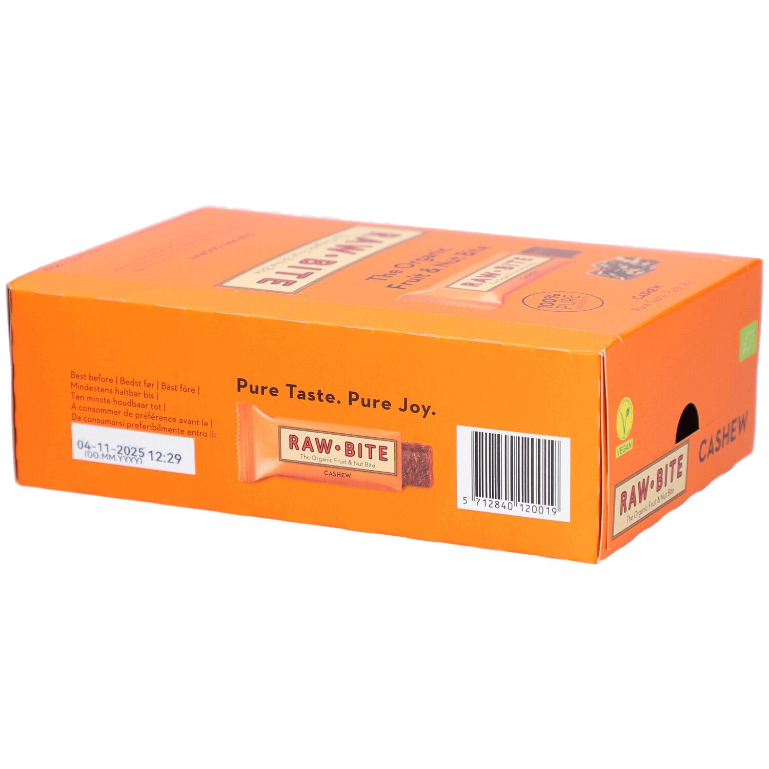 Kartonverpackung, orange. RAWBITE-Logo, Cashew-Riegel-Abbildung. Barcode und Mindesthaltbarkeitsdatum.