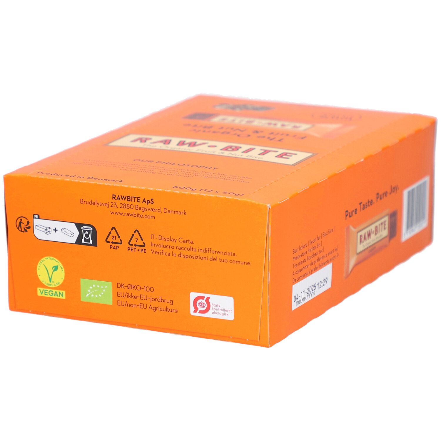 Orangefarbene Kartonverpackung mit RAWBITE-Logo. Vegan- und Bio-Siegel. Angaben zu Hersteller und Inhaltsstoffen.
