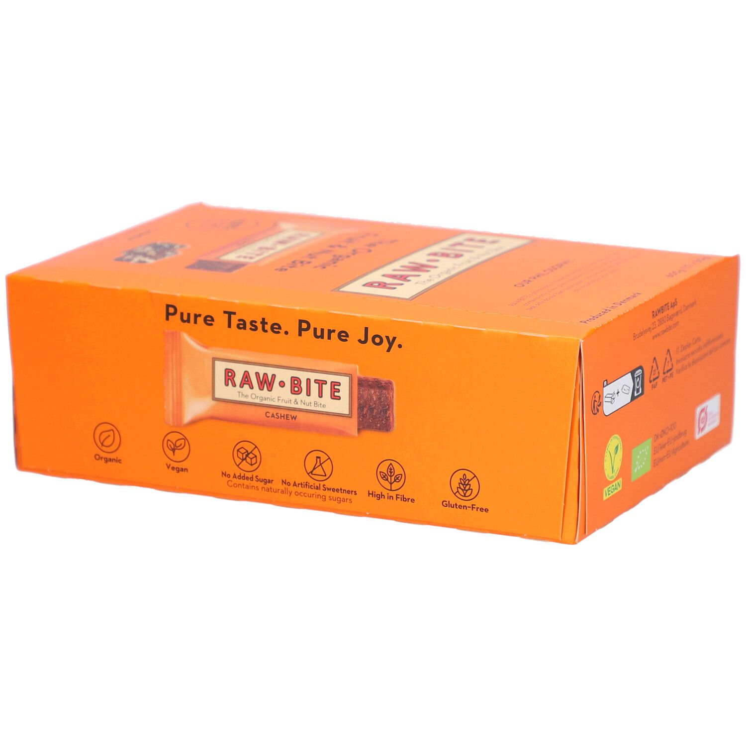 Orangefarbene Kartonverpackung mit RAWBITE-Logo. Vegan, ohne Zuckerzusatz, glutenfrei. Cashew-Riegel-Abbildung.
