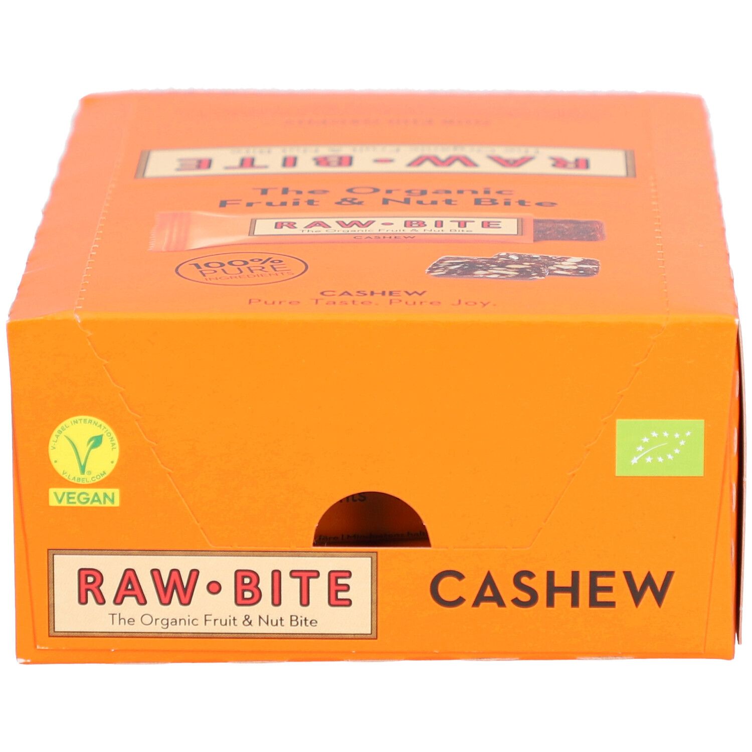 Orangefarbene Kartonverpackung mit RAWBITE-Logo und Cashew-Schriftzug. Vegan- und Bio-Siegel. Riegel-Abbildung.