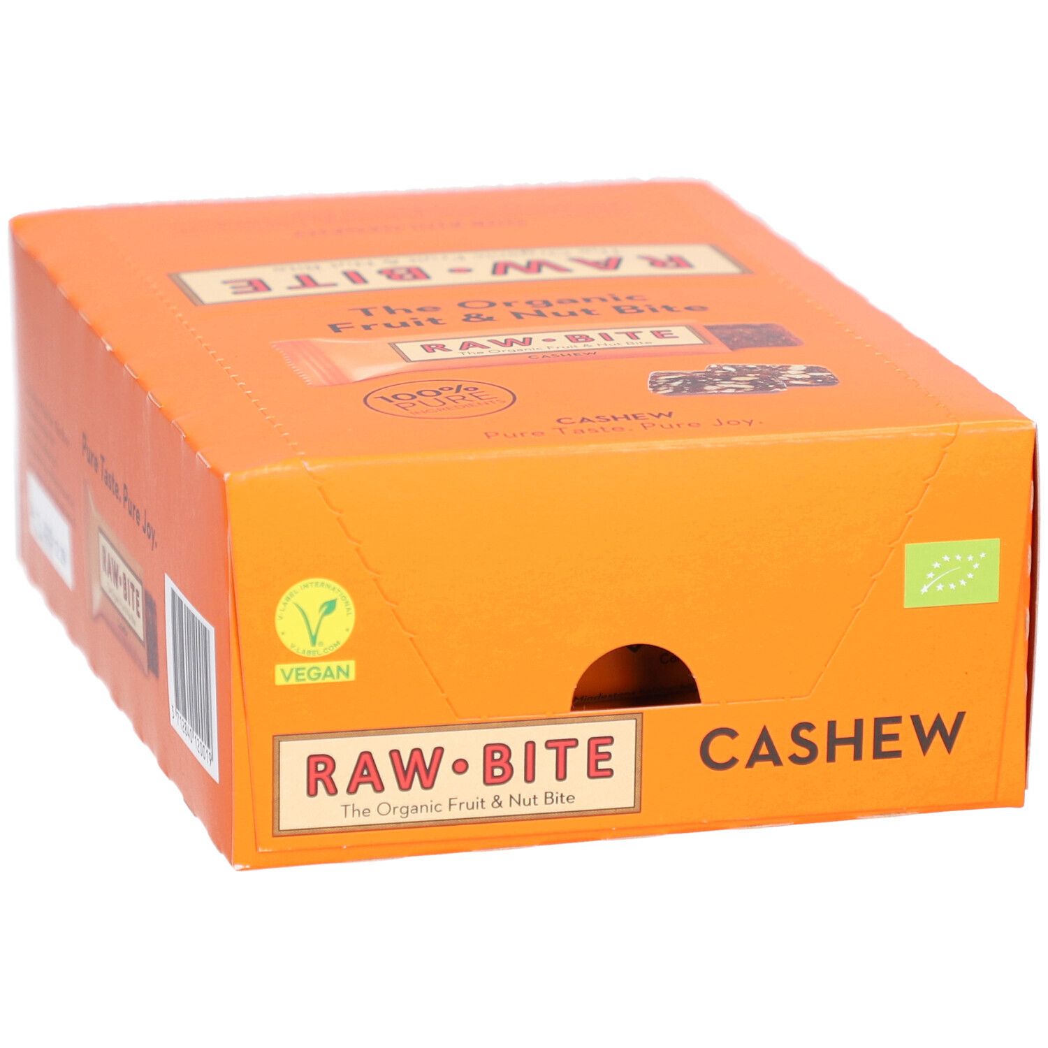 Orangefarbene Kartonverpackung mit RAWBITE-Logo und Cashew-Schriftzug. Vegan- und Bio-Siegel. Riegel-Abbildung.