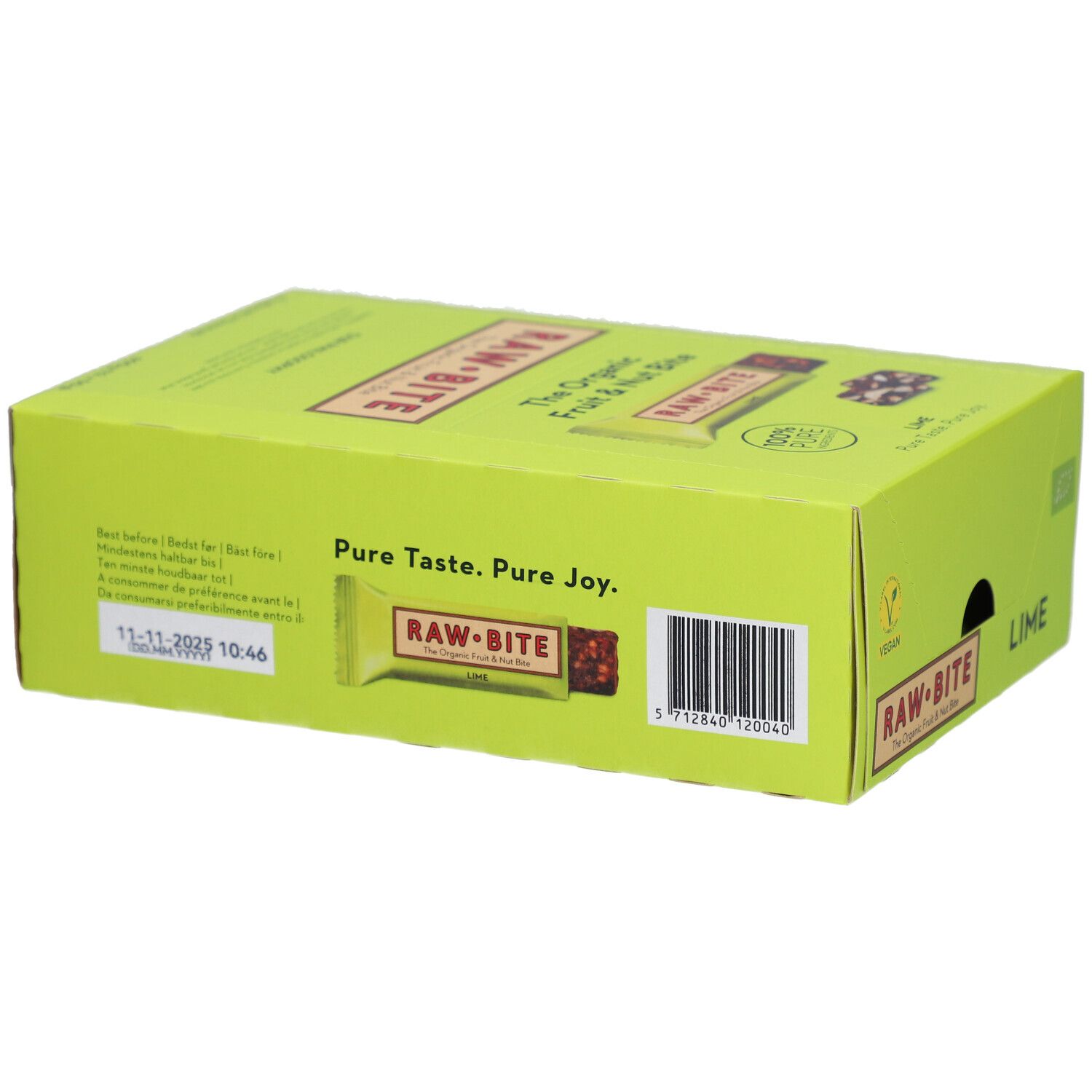 Boîte en carton verte avec logo RAW BITE et code-barres. Inscription "LIME". Texte : "Pure Taste. Pure Joy."