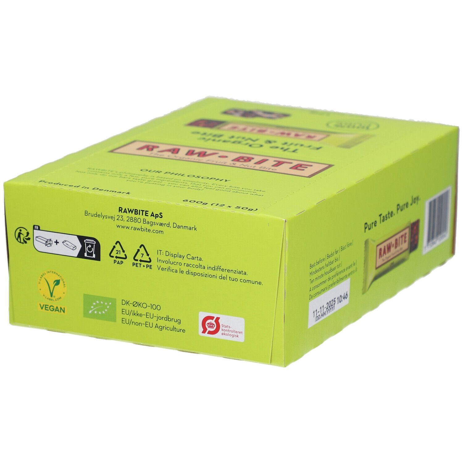 Boîte en carton verte avec logo RAW BITE et texte. Labels végétaliens et biologiques. Inscription "LIME".