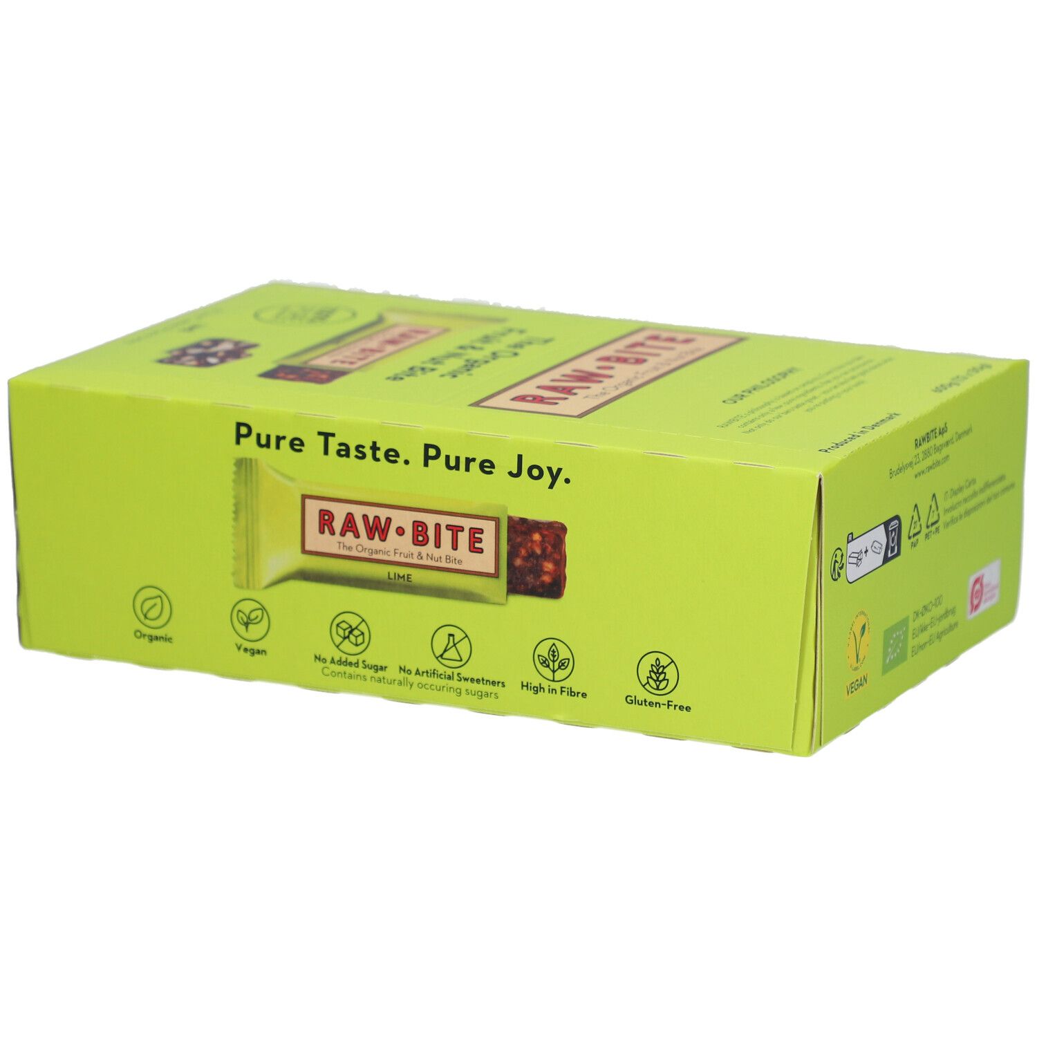 Boîte en carton verte avec logo RAW BITE et texte. Inscription "LIME". Labels : Sans gluten, sans sucre ajouté.