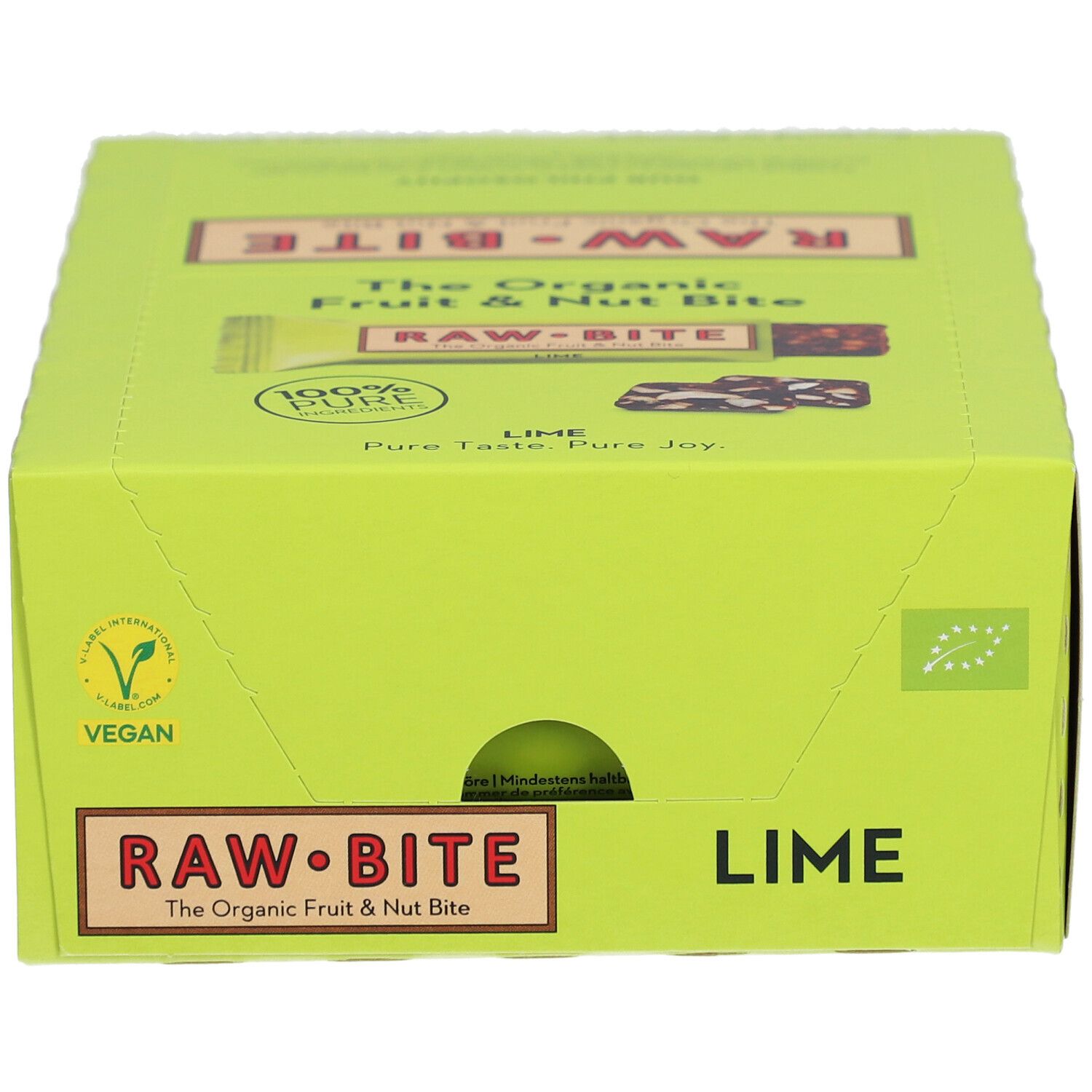 Boîte en carton verte avec logo RAW BITE et inscription "LIME". Labels végétaliens et biologiques.