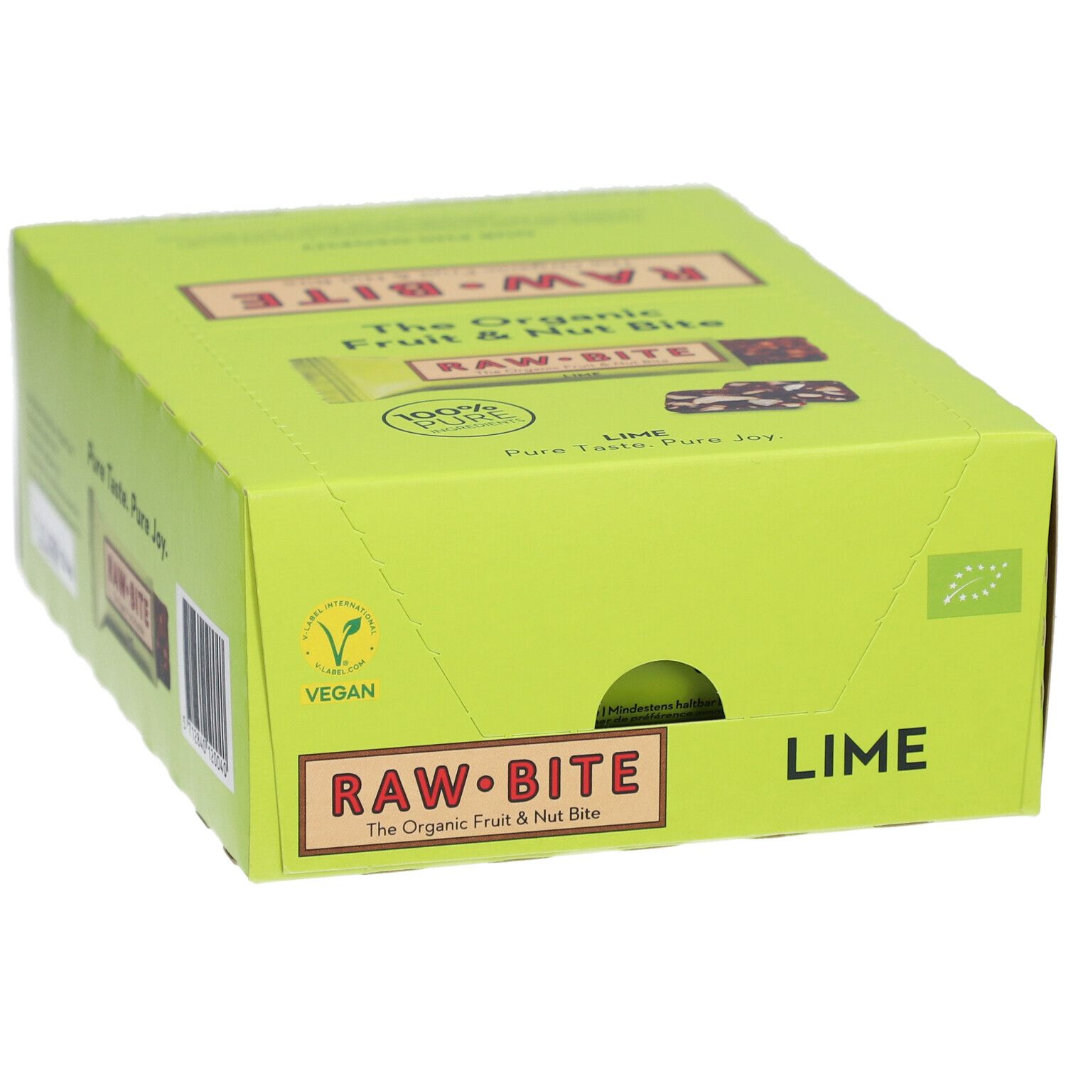 Boîte en carton verte avec logo RAW BITE et inscription "LIME". Labels végétaliens et biologiques.