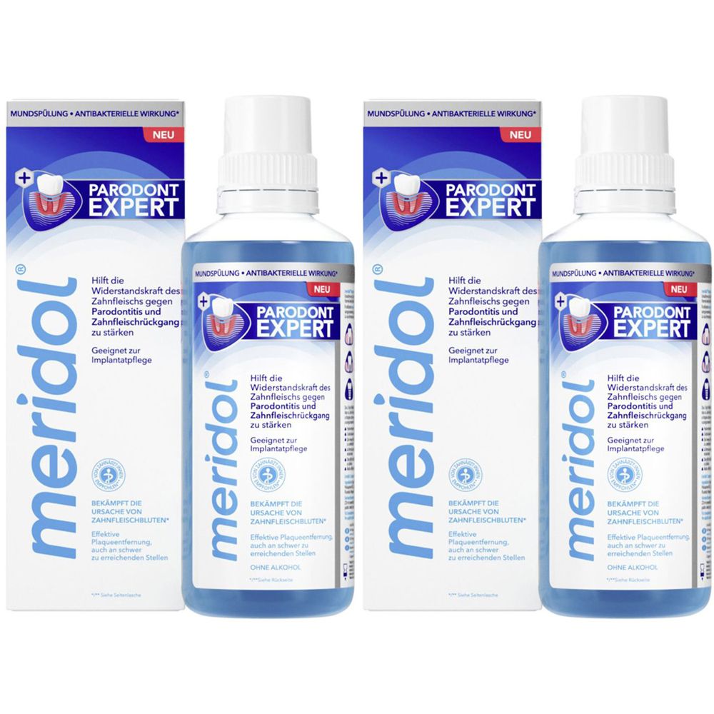 Plusieurs bouteilles et emballages de bain de bouche meridol Parodont Expert. Liquide bleu dans des bouteilles transparentes avec des bouchons blancs.