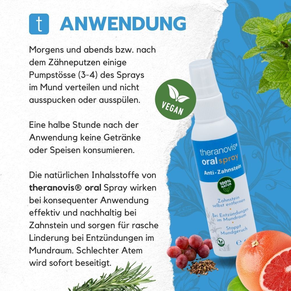 Instructions d'utilisation et certification vegan pour le spray oral Theranovis®.