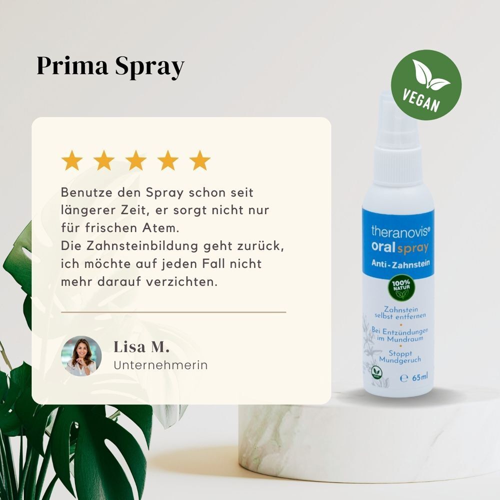 Avis client pour le spray oral Theranovis® avec 5 étoiles et flacon de produit.
