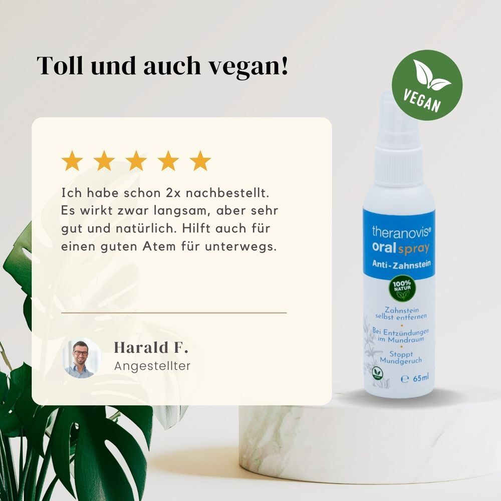 Avis client pour le spray oral Theranovis®, certification vegan et flacon de produit.