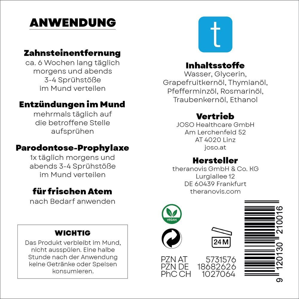 Ingrédients et instructions d'utilisation pour JOSO HEALTHCARE Theranovis® spray oral.