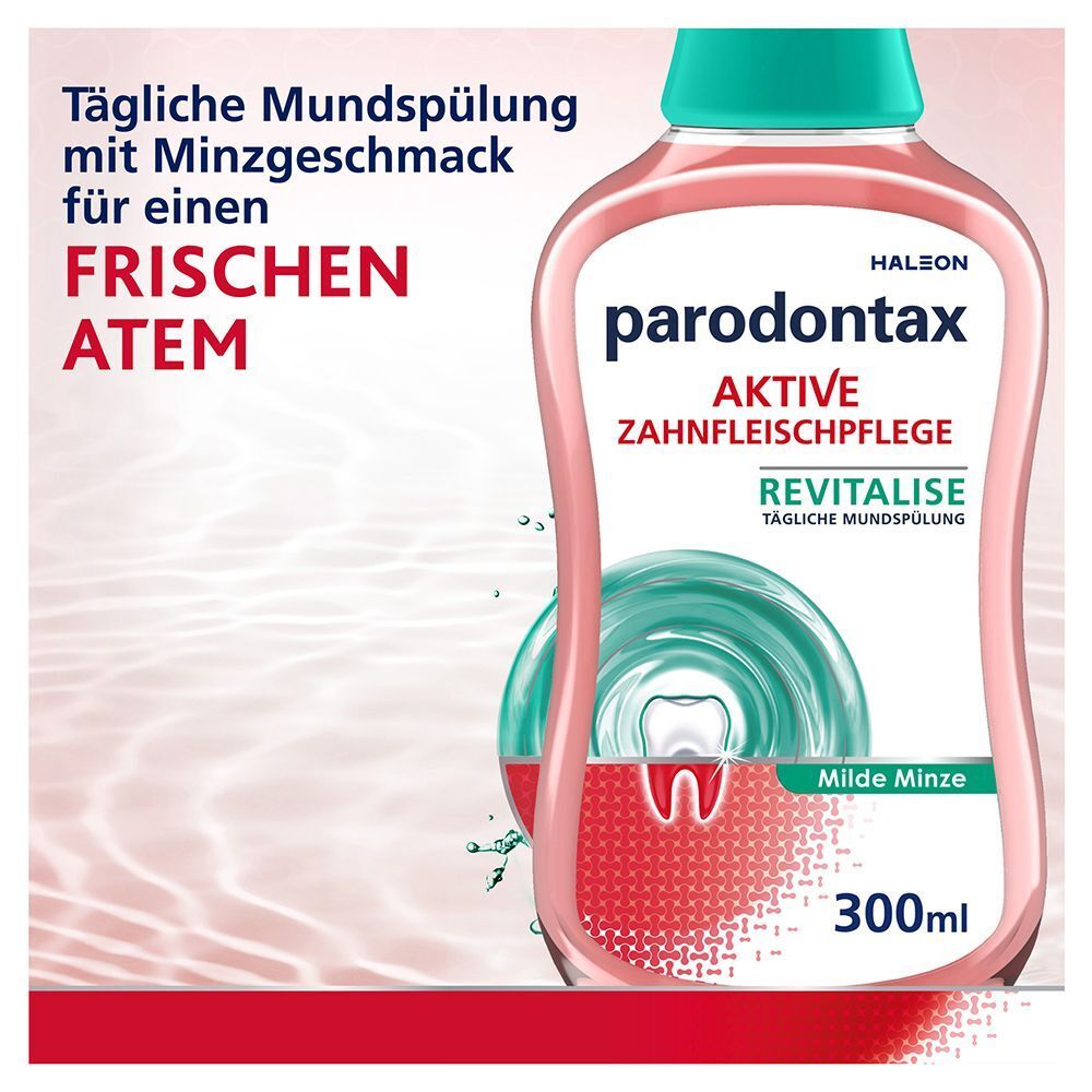 Flasche Parodontax Mundspülung mit Minzgeschmack für frischen Atem.