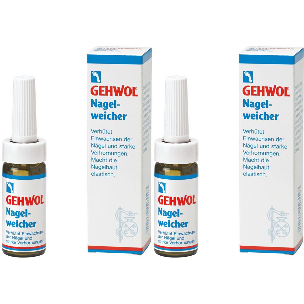 Drei Flaschen und Verpackungen. Aufschrift: GEHWOL Nagelweicher. Verhindert Einwachsen der Nägel und macht die Nagelhaut elastisch.