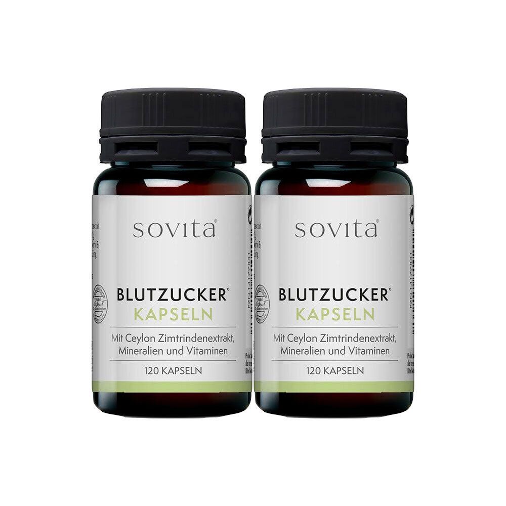 Zwei Flaschen sovita® Blutzucker Kapseln. Aufschrift: Blutzucker Kapseln, 120 Kapseln. Mit Ceylon Zimtrindenextrakt, Mineralien und Vitaminen.