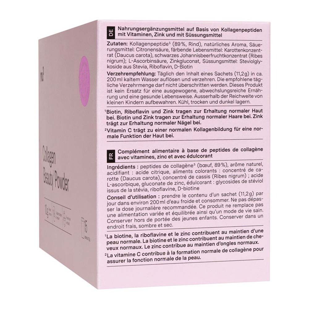 Rosa Verpackung mit Text und Inhaltsangaben. Enthält Collagen Beauty' Powder.