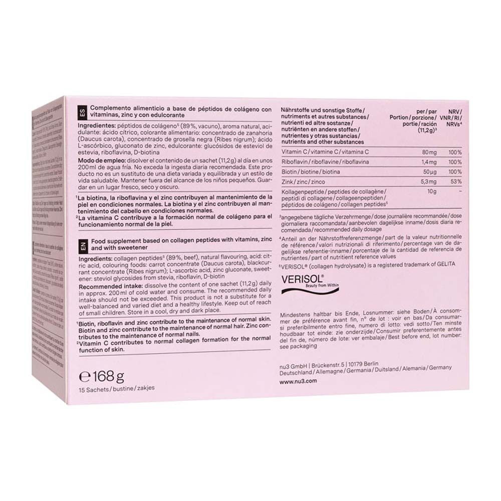 Rückseite der rosa Verpackung mit Text und Inhaltsangaben. Enthält Collagen Beauty' Powder.