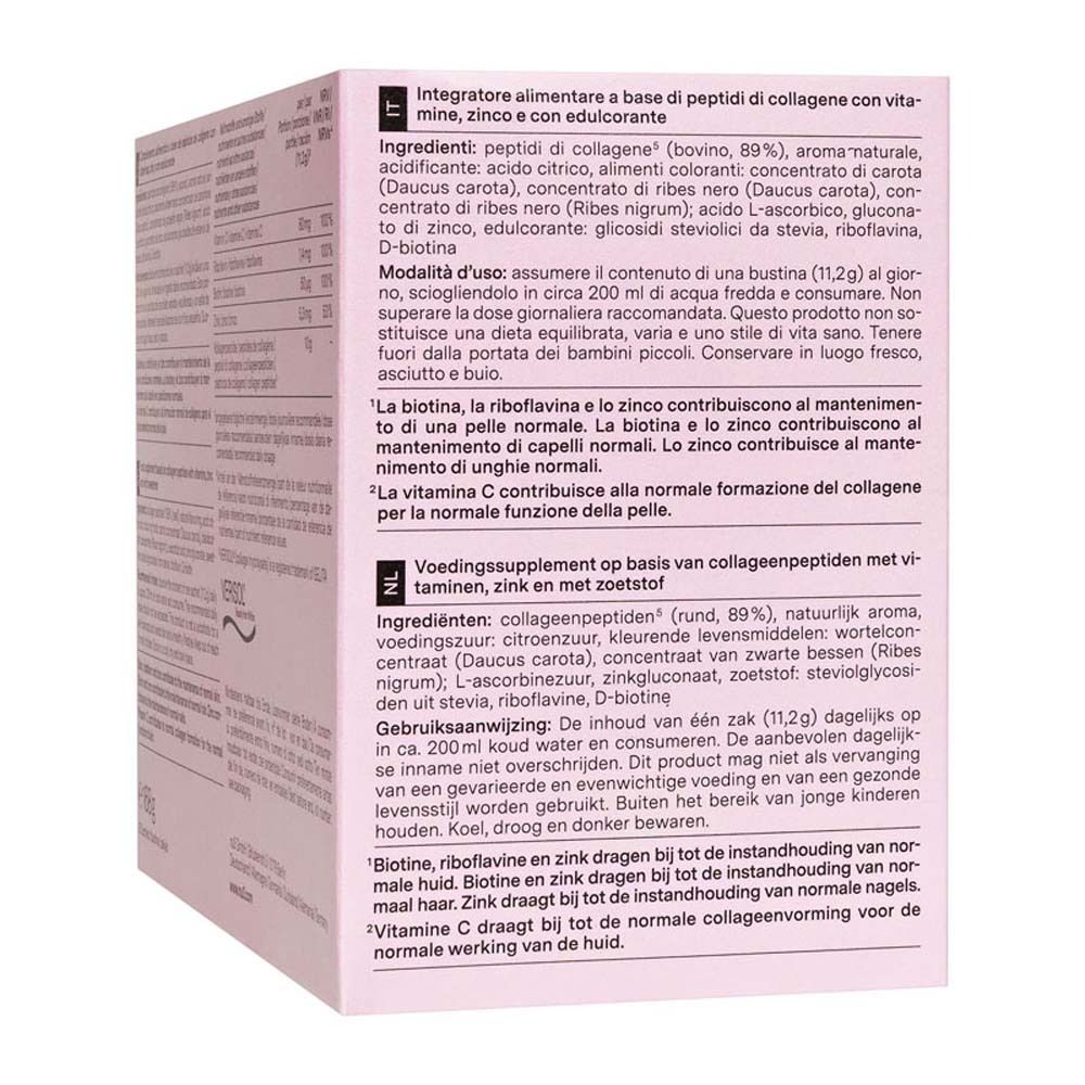 Rückseite der rosa Verpackung mit Text und Inhaltsangaben. Enthält Collagen Beauty' Powder.