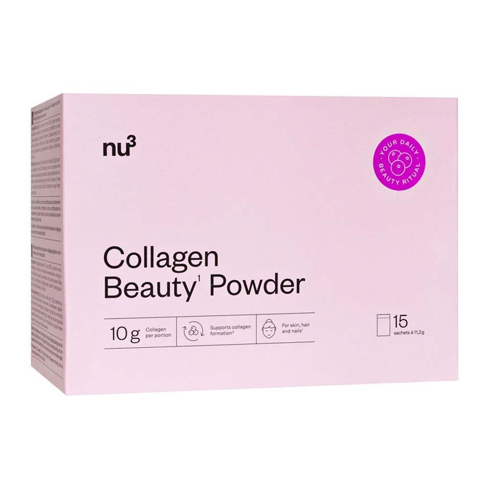 Rosa Verpackung mit nu3 Logo und Schriftzug Collagen Beauty' Powder. Enthält 15 Sachets.