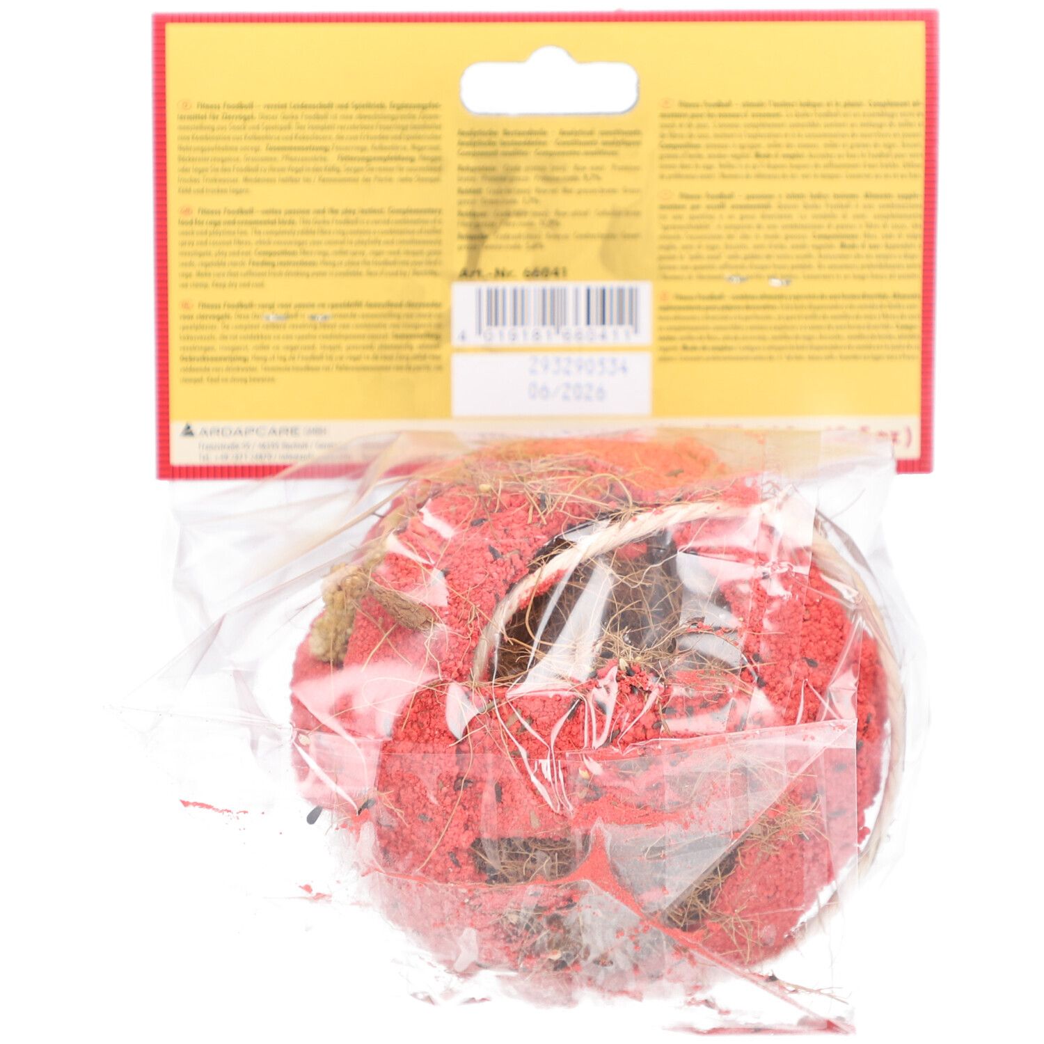 Dos du Fitness Foodball. Informations produit sur carton jaune. Emballé dans du plastique.