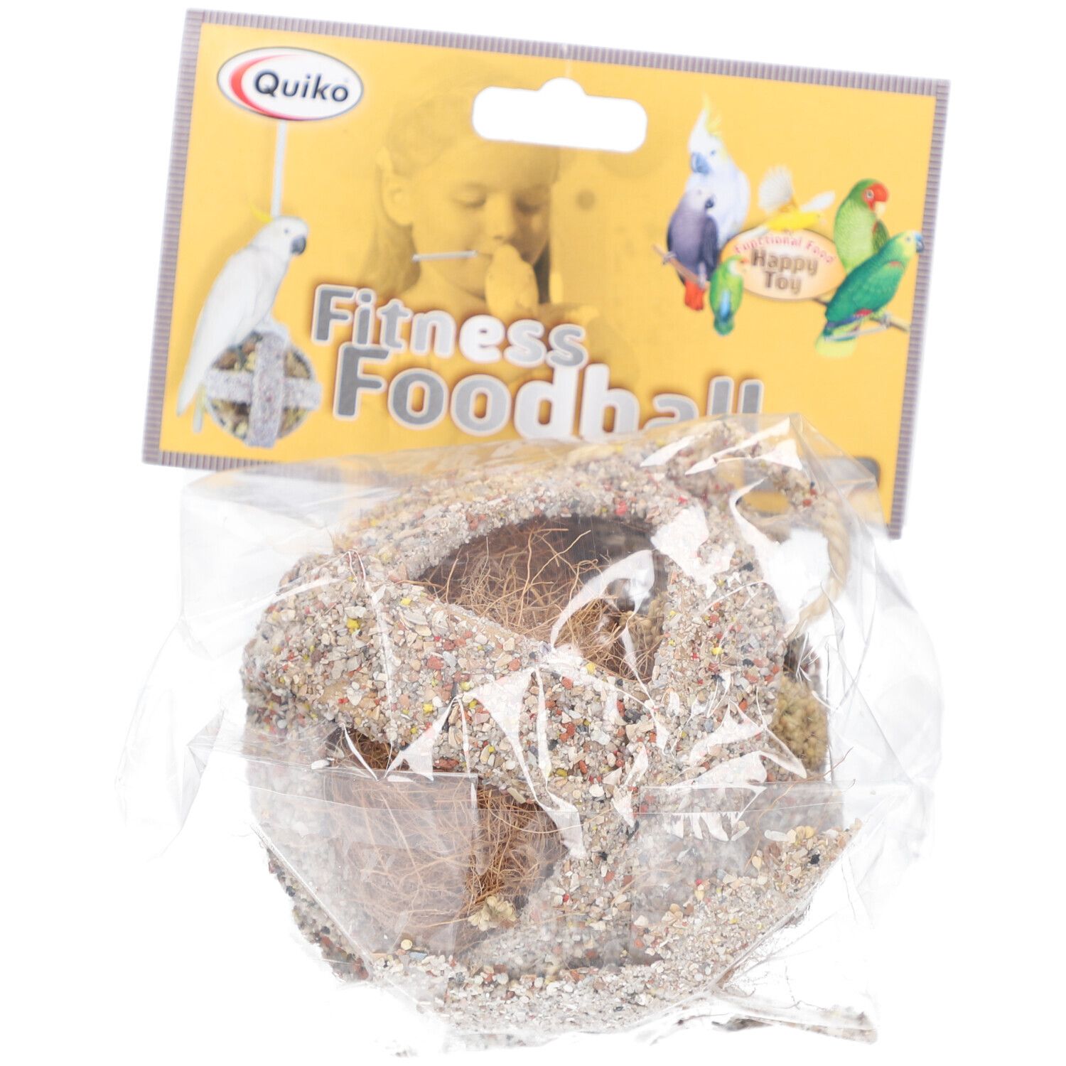 Quiko Fitness Foodball Grit. Boule de nourriture pour oiseaux dans un emballage transparent. Carte jaune avec nom et logo.
