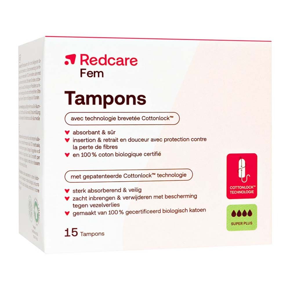 Boîte de tampons Redcare Fem. Contient 15 tampons. Avec technologie Cottonlock et absorption Super Plus.