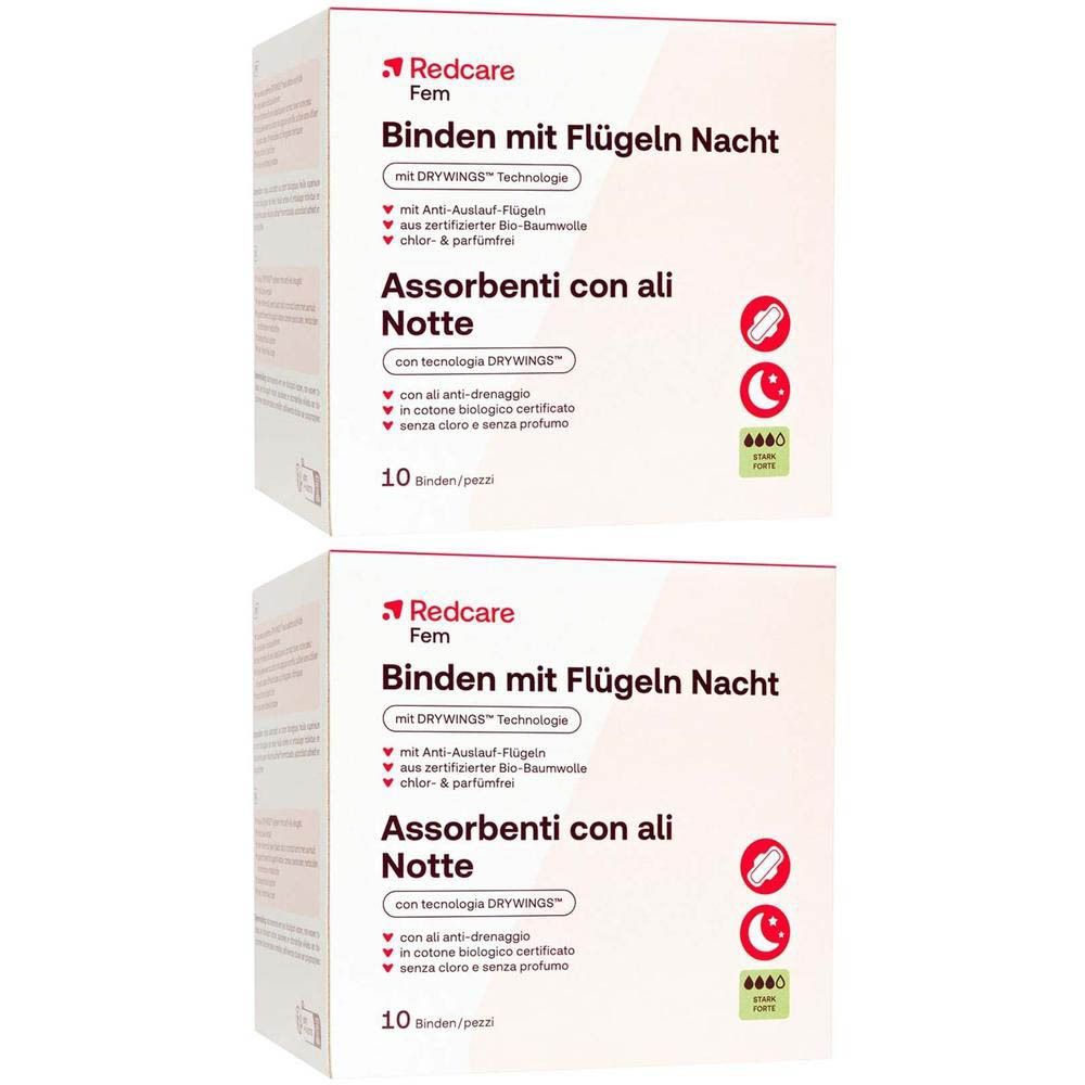 Paquet de serviettes hygiéniques Redcare Fem Nuit avec ailettes, texte français.