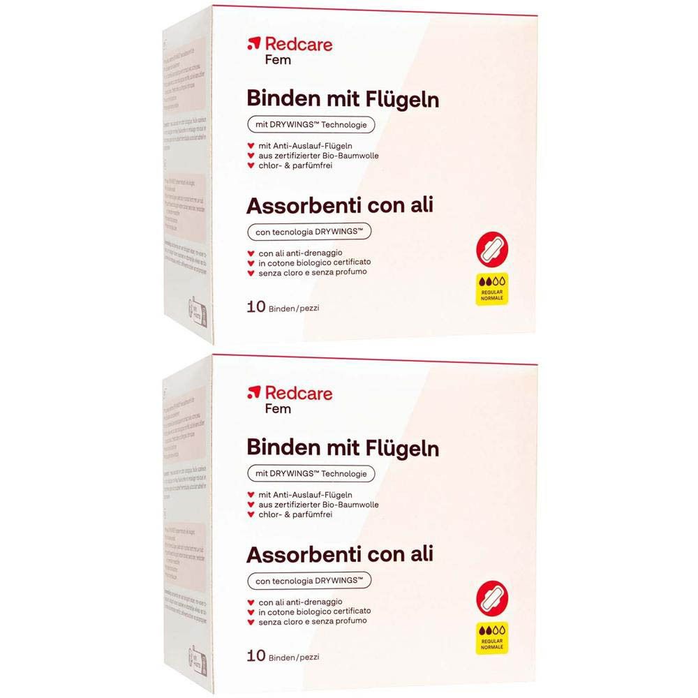 Paquet de serviettes hygiéniques Redcare Fem avec ailettes, 10 serviettes. Avec technologie DRY WINGS.