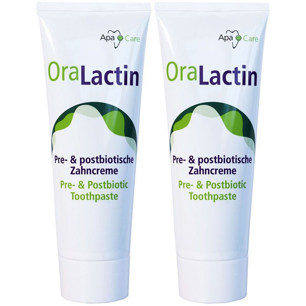 Deux tubes de dentifrice. Inscription : OraLactin, Pre- & postbiotische Zahncreme. Logo Apa Care.