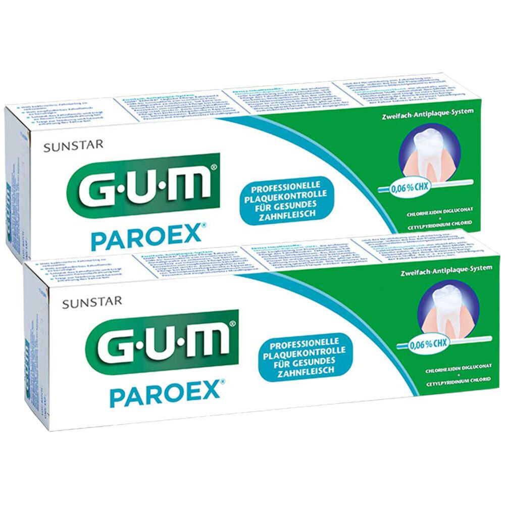 Deux boîtes de dentifrice GUM Paroex. Emballage blanc avec accent vert. Logo et nom du produit clairement visibles.