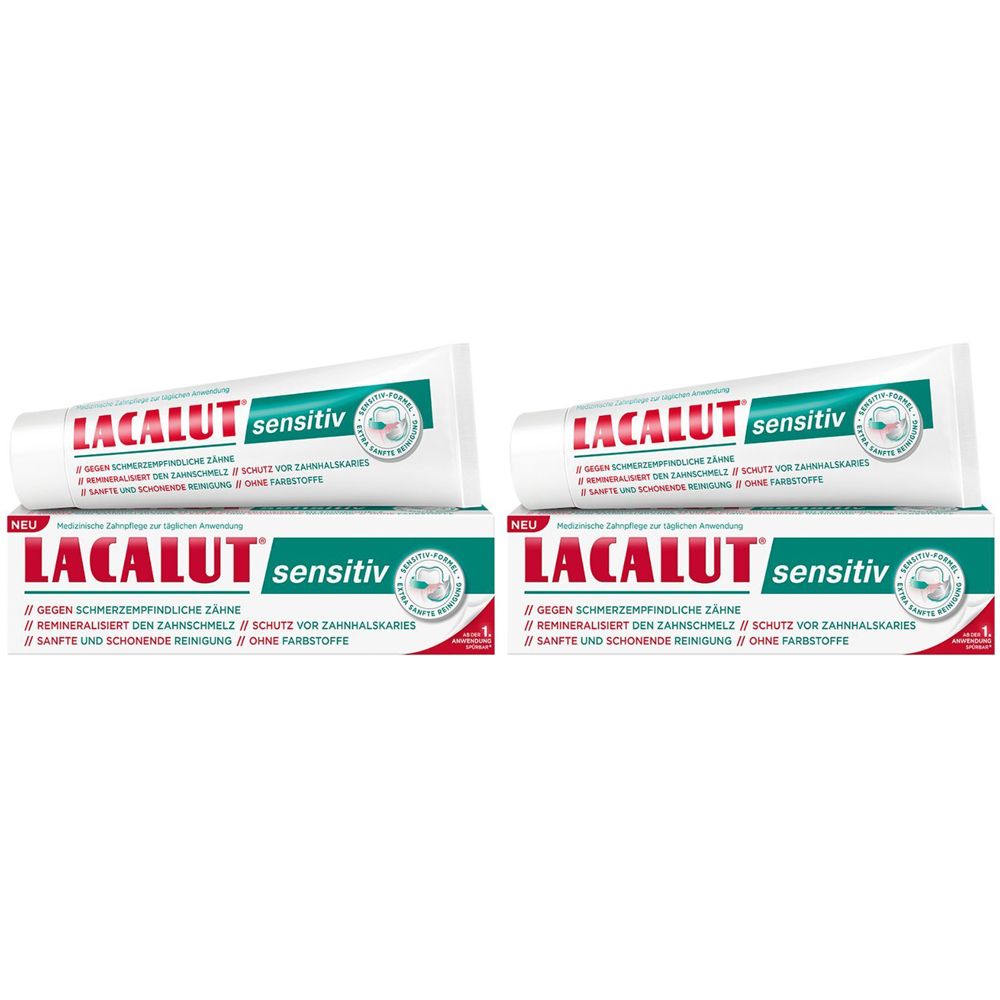 Zwei Tuben und zwei Schachteln Zahnpasta. Auf den Tuben und Schachteln steht "LACALUT sensitiv".