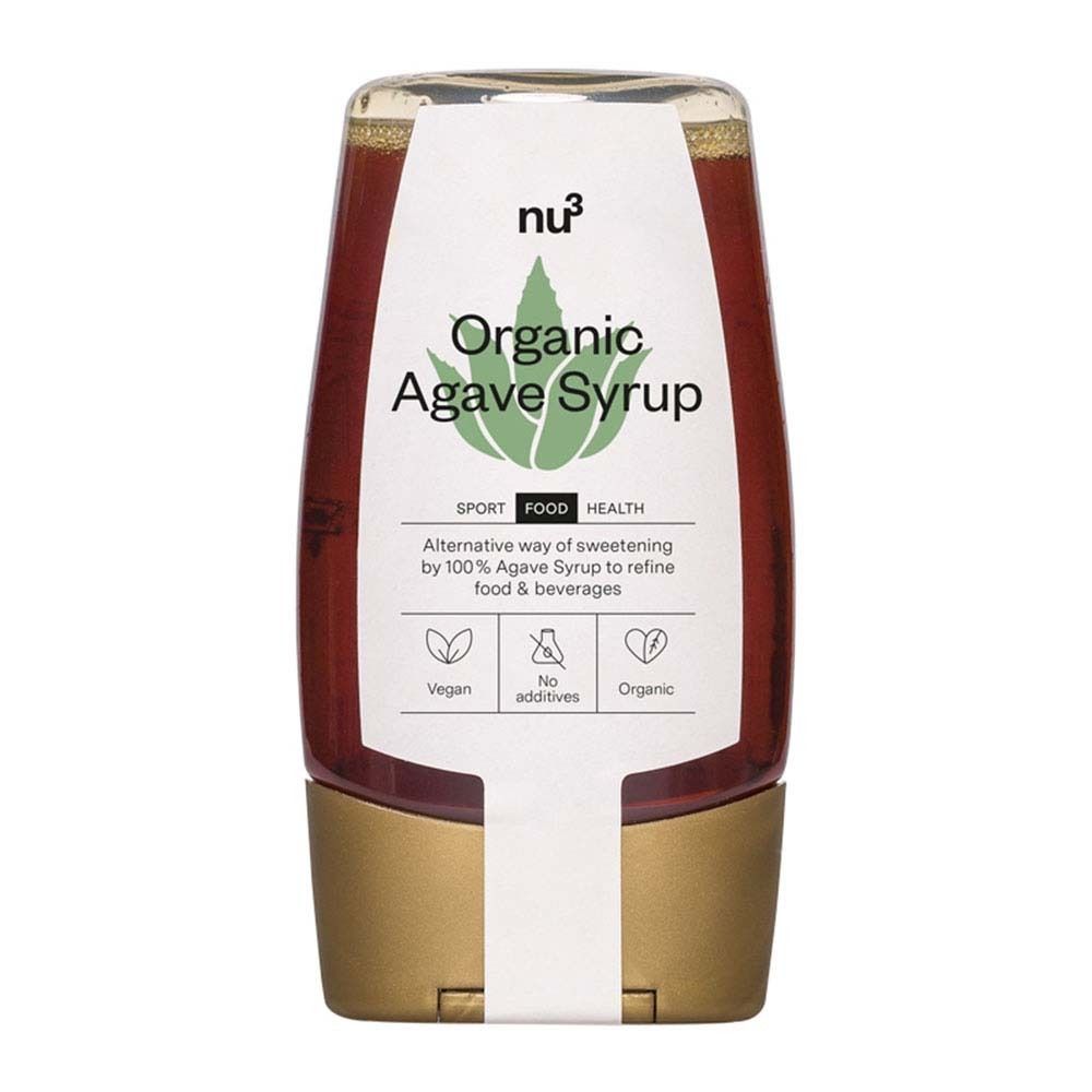 Flasche mit Agavendicksaft. Weißes Etikett mit Logo und Schriftzug. Goldfarbener Verschluss.