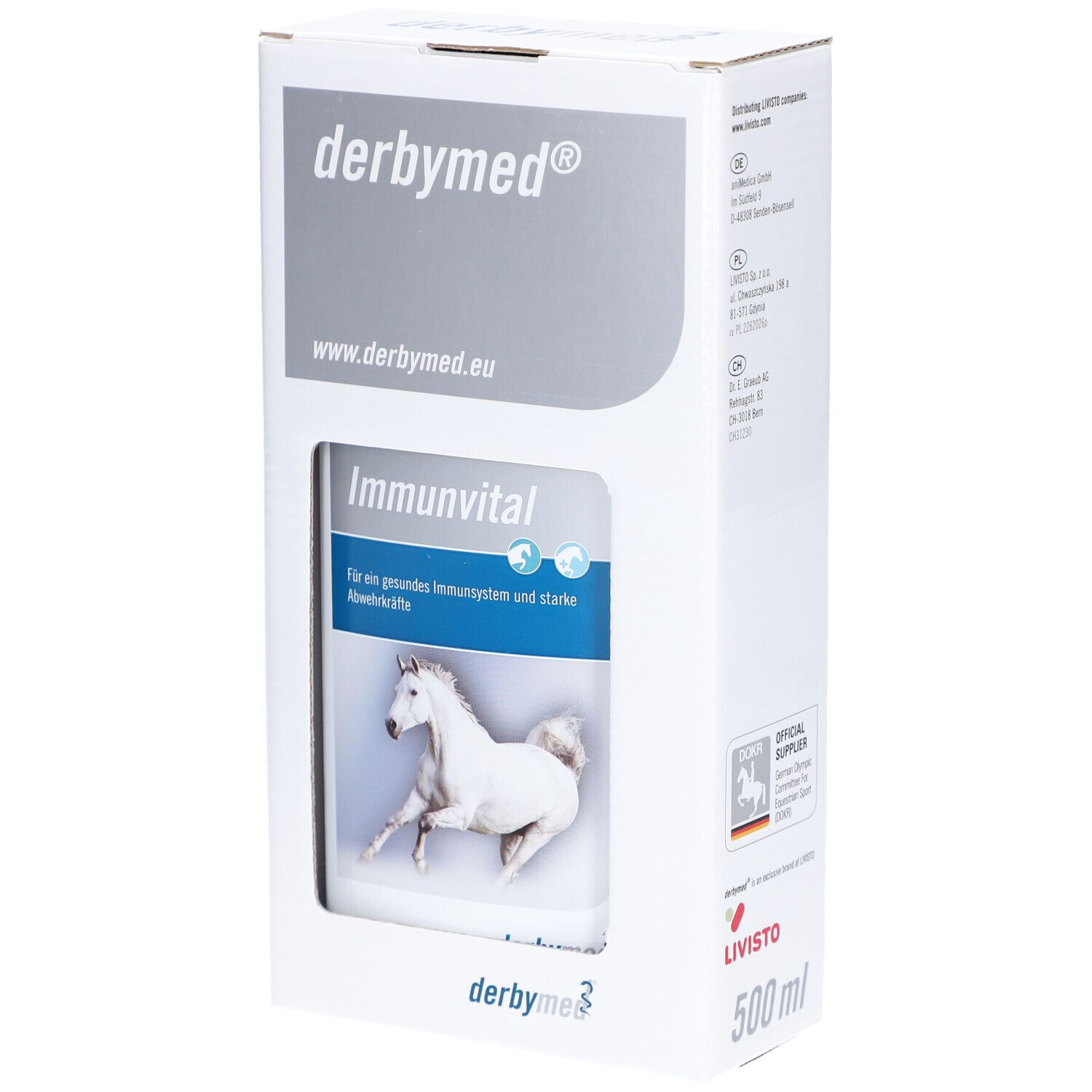 Boîte blanche avec flacon de produit. Inscription : "derbymed", "Immunvital", cheval. 500 ml.