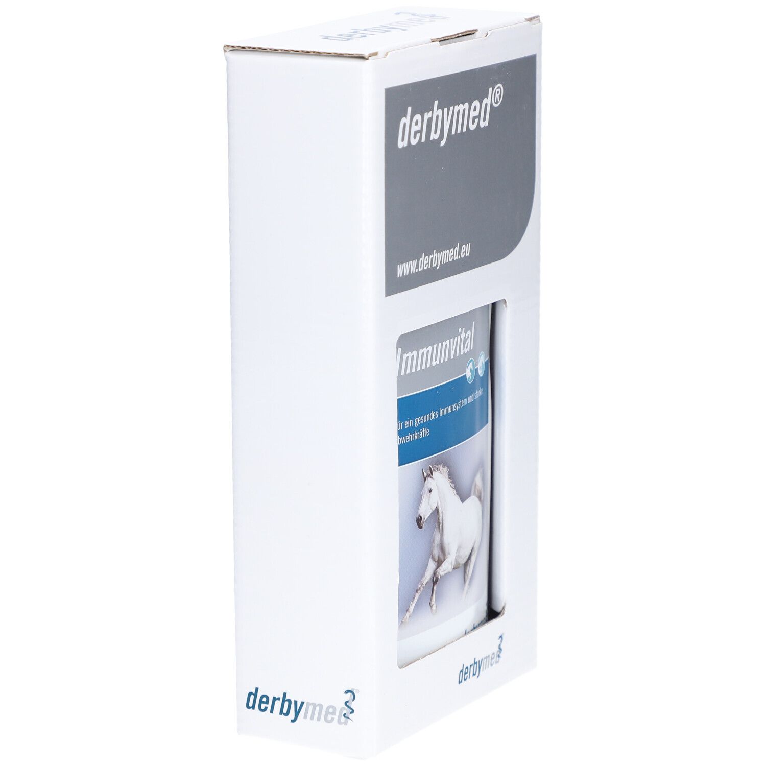 Boîte blanche avec flacon de produit. Inscription : "derbymed", "Immunvital", cheval.