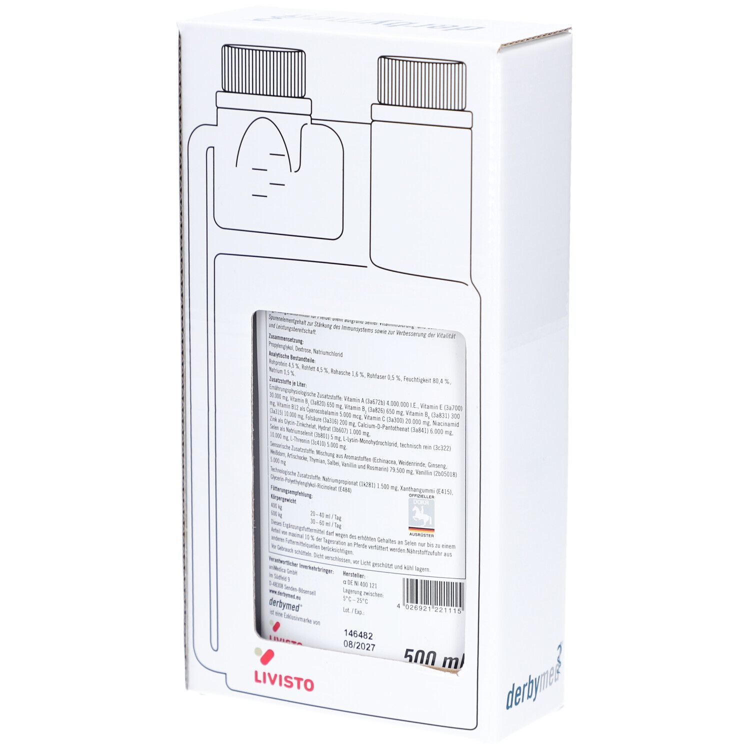 Dos de la boîte blanche avec informations sur le produit et indication de 500 ml.