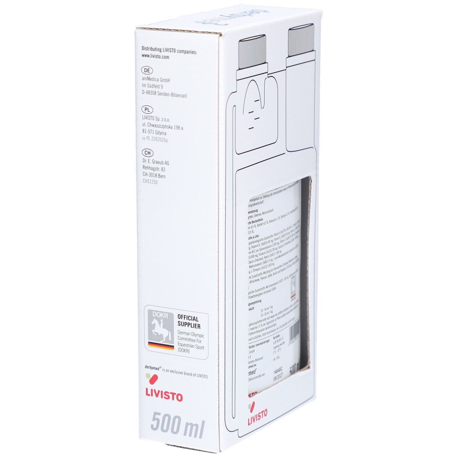 Vue latérale de la boîte blanche avec informations sur le produit et indication de 500 ml.