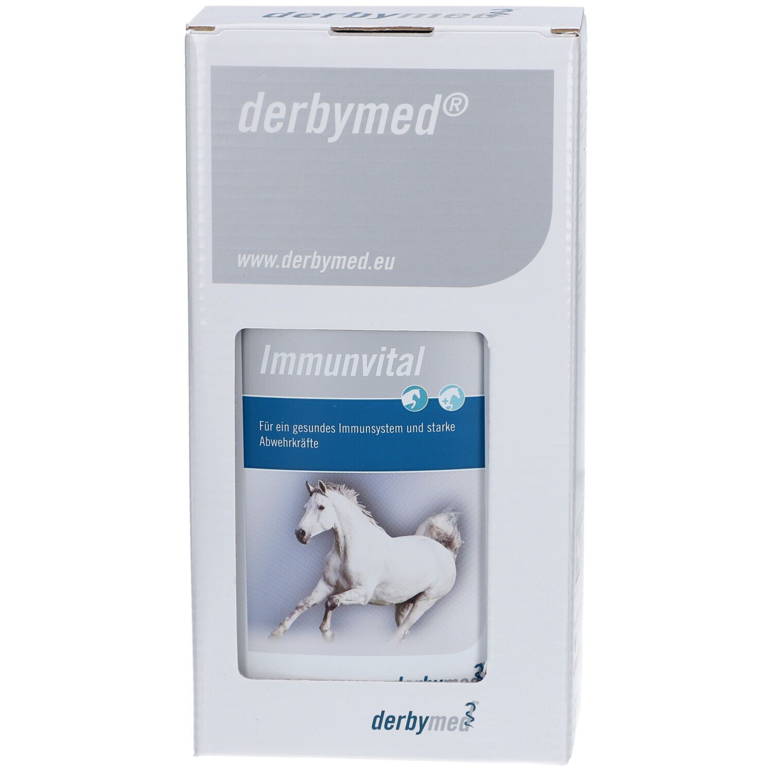 Boîte blanche avec flacon de produit. Inscription : "derbymed", "Immunvital", cheval. 500 ml.