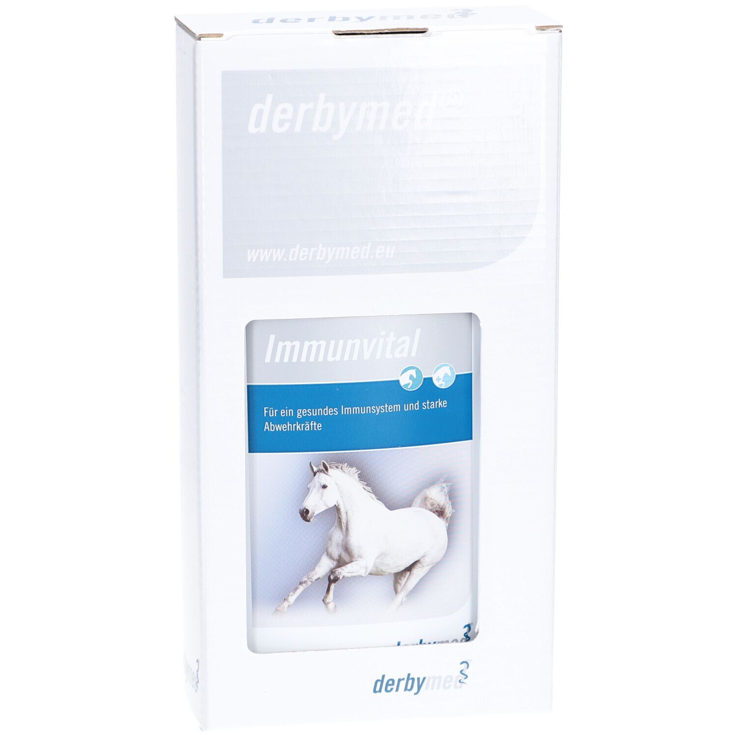 Boîte blanche avec flacon de produit. Inscription : "derbymed", "Immunvital", cheval.