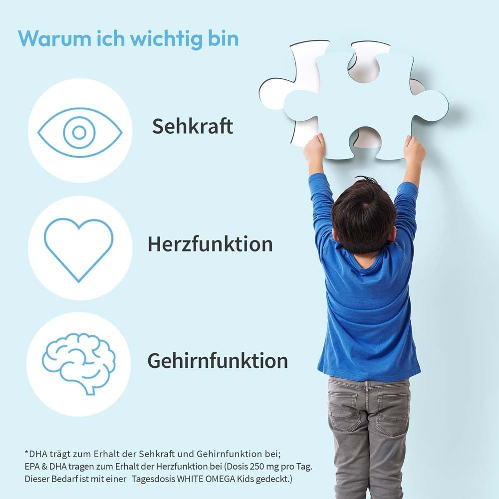 Kind mit Puzzleteil. Text: Seh- Herz- und Gehirnfunktion. Informationen zu DHA und EPA.